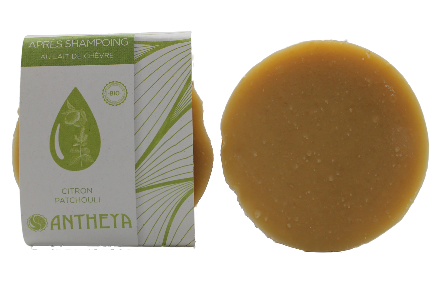 Antheya -- Après-shampoing solide lait de chèvre/citron/patchouli - brillance (bande papier) - 90 g